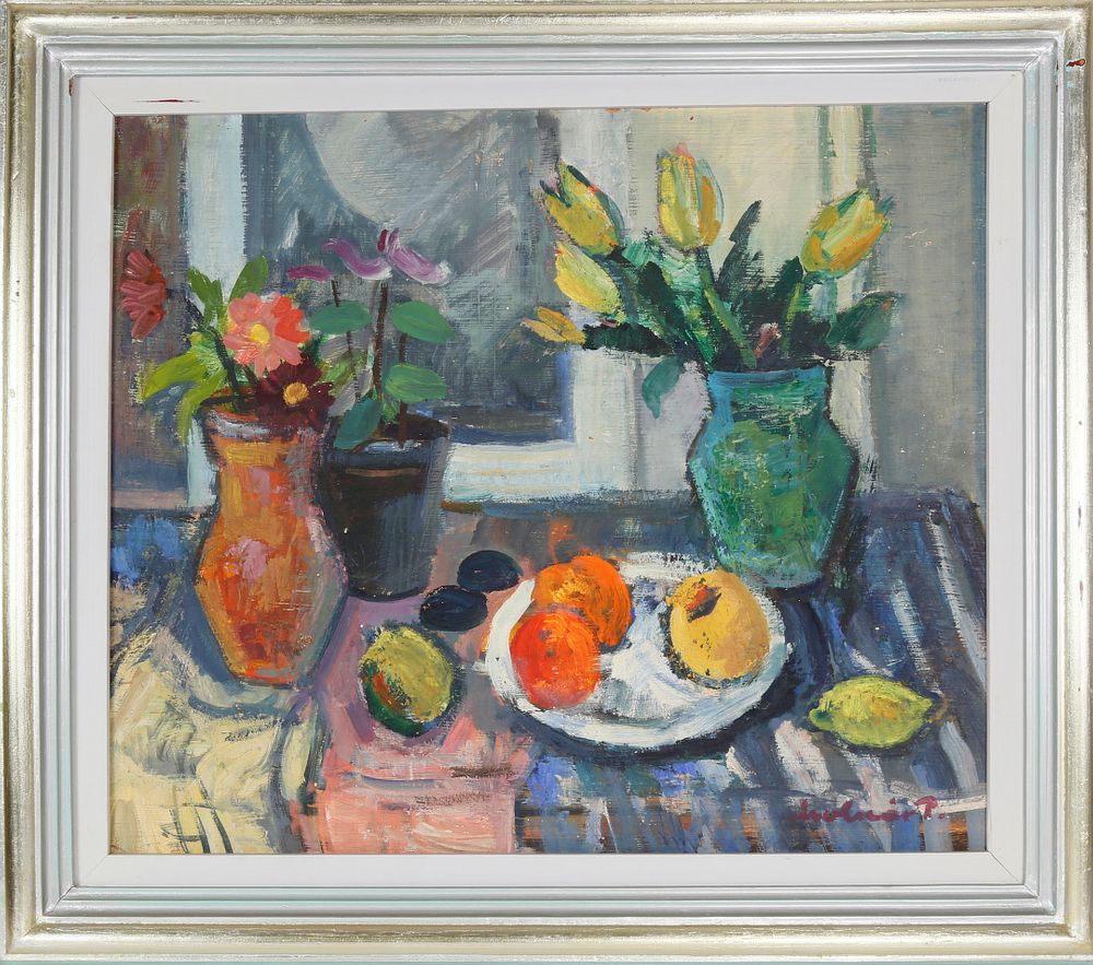 Appraisal: Moluat Pinoska Tulipan Oil on Masonite Table Top Fruit and