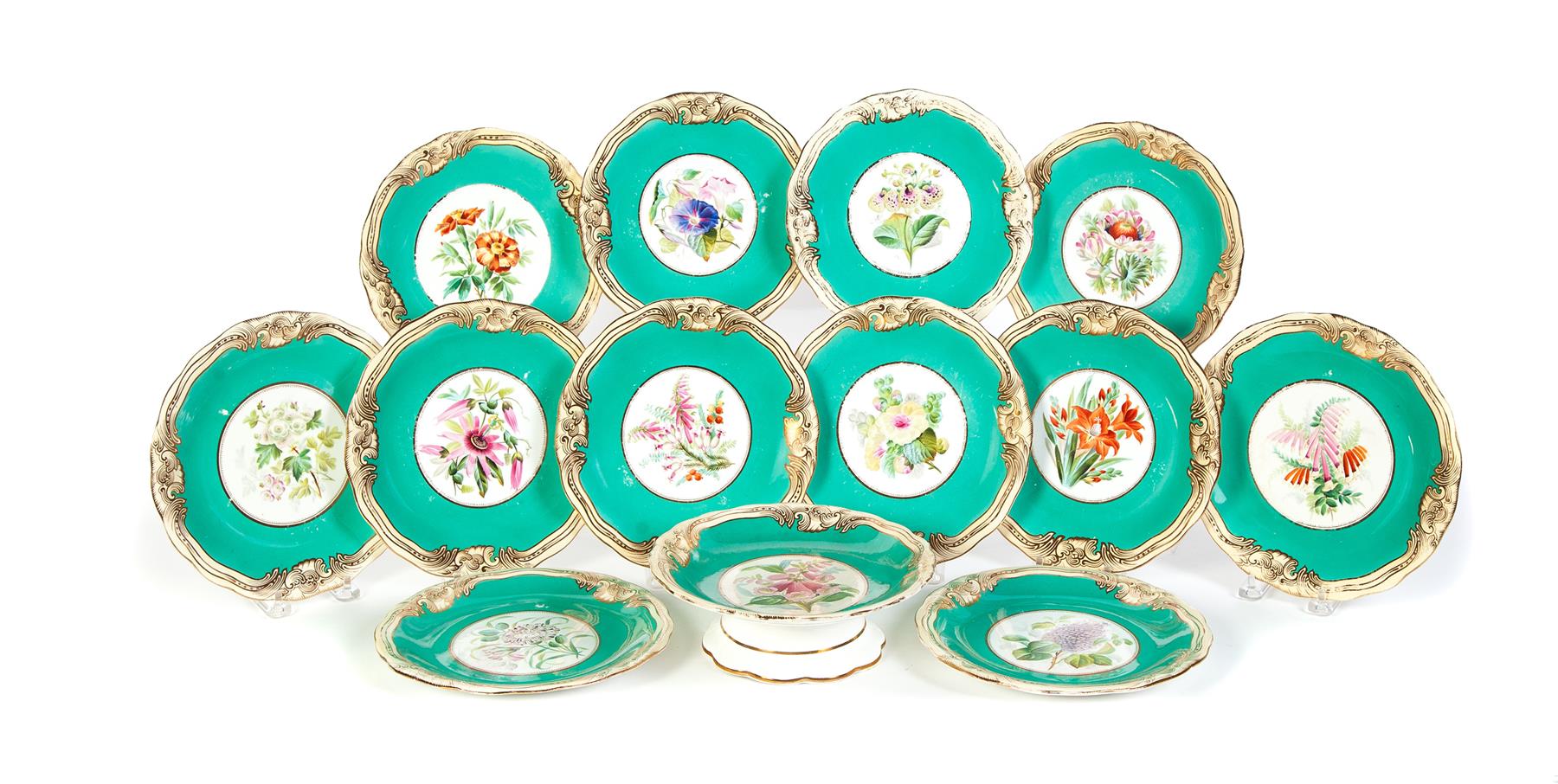 Appraisal: THIRTEEN-PIECE CAKE DESSERT SET England ca Gilded rims spring green