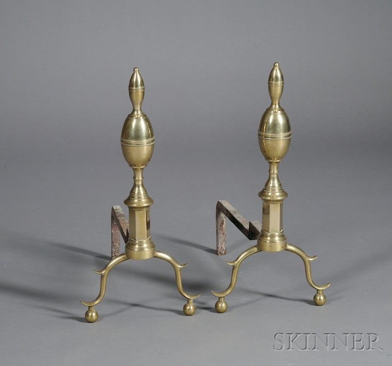 Appraisal: Pair of Federal Brass and Iron Lemon-top Andirons America c