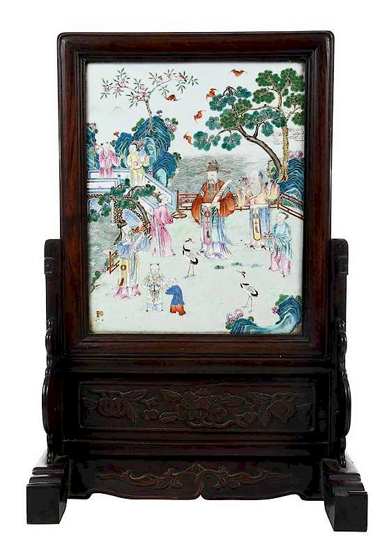 Appraisal: Chinese Porcelain Screen with Carved Stand th th century fine