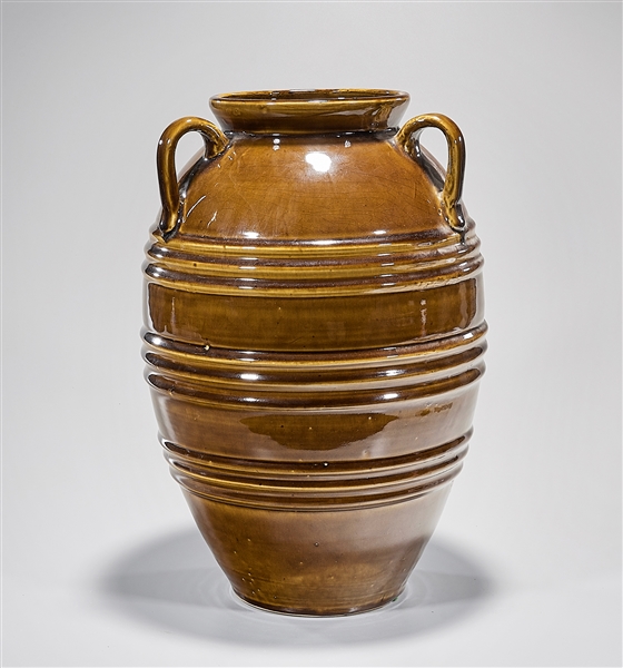 Appraisal: Large Chinese brown glazed porcelain jar three handles x approx