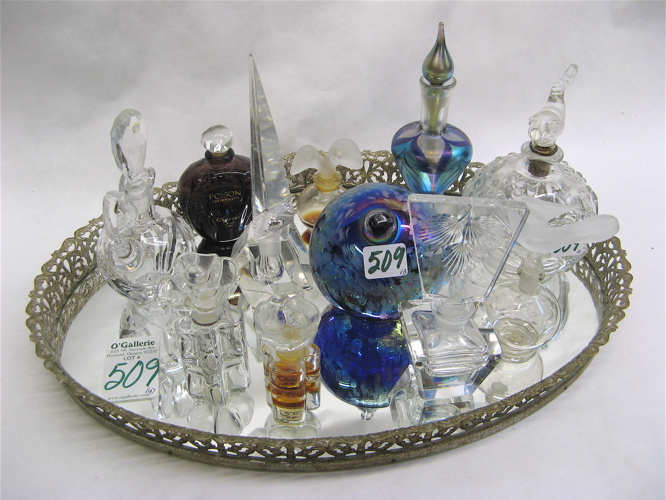 Appraisal: TEN ASSORTED GLASS PERFUMES AND A DISPLAY TRAY plus an