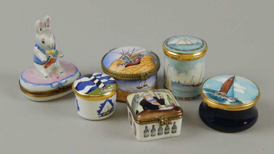 Appraisal: Six enamel trinket boxes including the Limoges examples Provenance Butterfields