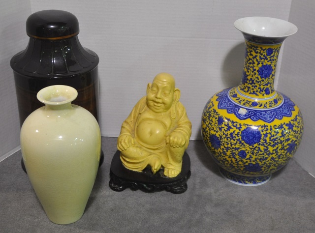 Appraisal: Bx Decorative Asian ItemsIncluding two vases happy Buddha etc Tallest