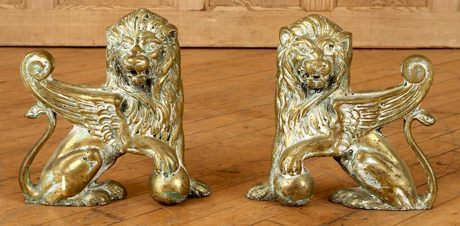 Appraisal: PAIR OF LION FORM BRASS ANDIRONS A pair of lion