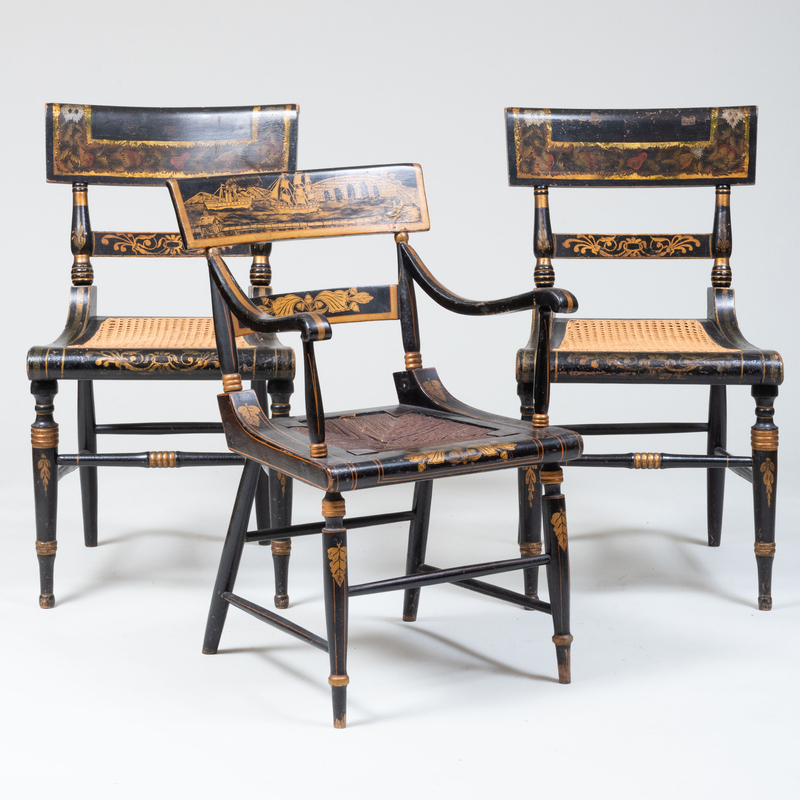 Appraisal: Pair of Federal Black Painted Stencil-Decorated and Cane Seat Side