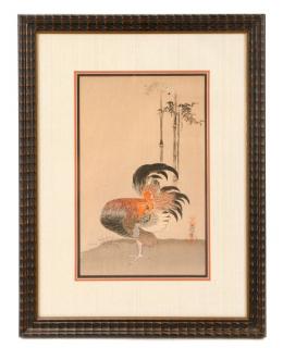 Appraisal: After Naonobu Kano Cockerel w Bamboo Woodblock After Naonobu Kano