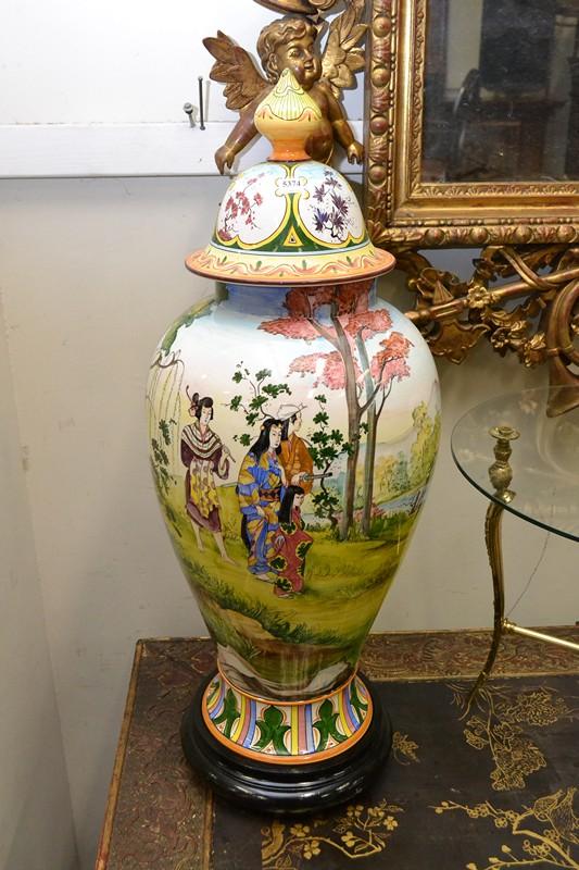 Appraisal: LARGE TH CENTURY FAIENCE URN WITH ORIENTAL SCENES