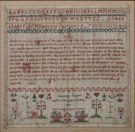 Appraisal: SCHOOLGIRL NEEDLEWORK SAMPLER worked by Margaret Jarrett Aged years and