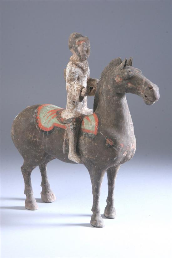 Appraisal: CHINESE POLYCHROME GREY POTTERY FIGURE OF EQUESTRIAN Han Dynasty Painted