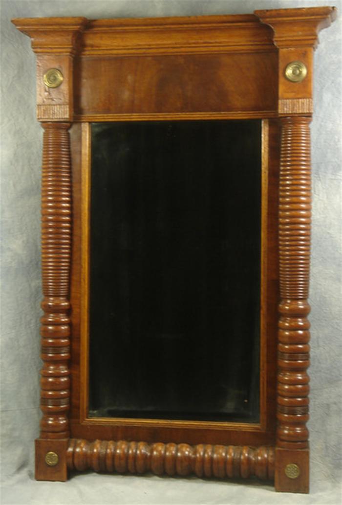 Appraisal: Sheraton mahogany wall mirror with applied half columns brass rosettes