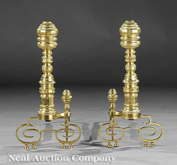 Appraisal: A Pair of American Classical Brass Andirons th c together