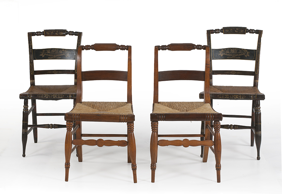 Appraisal: TWO PAIRS OF PILLOWBACK HITCHCOCK SIDE CHAIRS one in original