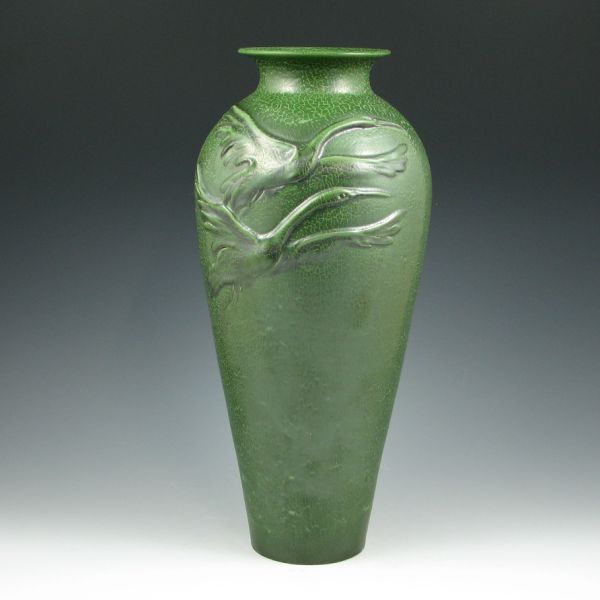 Appraisal: Tall Ephraim Flying Cranes vase in rich matte green with