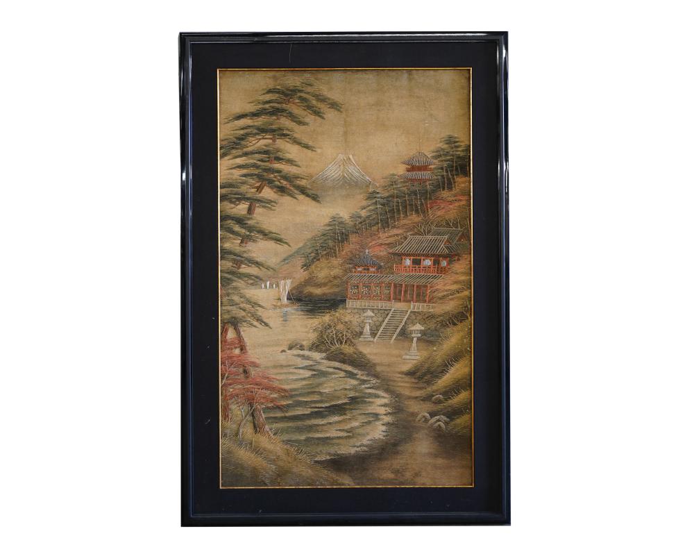 Appraisal: JAPANESE THREADWORK PANELdepicting a landscape with Fuji mountain in the