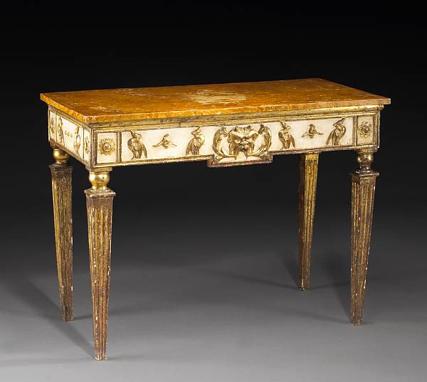 Appraisal: An Italian Neoclassical painted and parcel gilt console table late