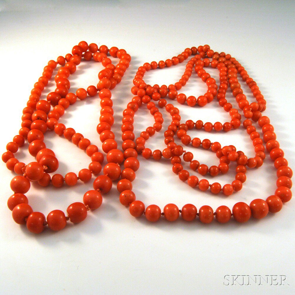 Appraisal: Two Long Graduated Coral Bead Necklaces both continuous strands without