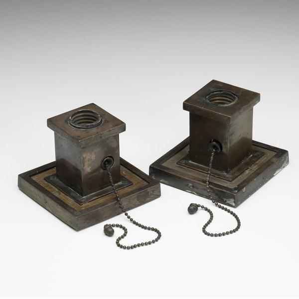 Appraisal: PRAIRIE SCHOOL Pair of copper and oak square sconces Unmarked