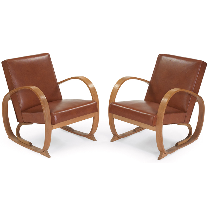 Appraisal: Thonet armchairs attribution s pair bentwood frames with original dark