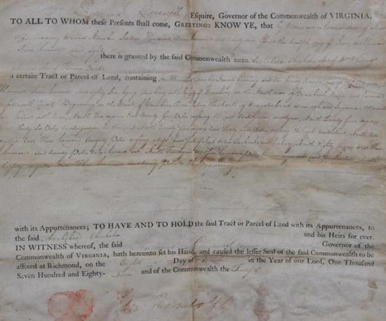 Appraisal: THREE LAND DEEDS One signed by Governor Edmund Randolph deeding