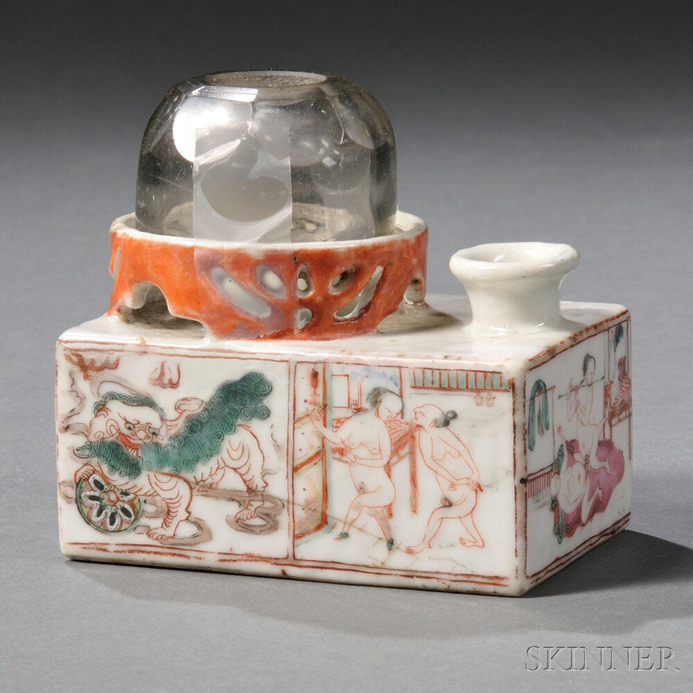 Appraisal: Chinese Porcelain Oil Lamp with Erotic Decoration late th early