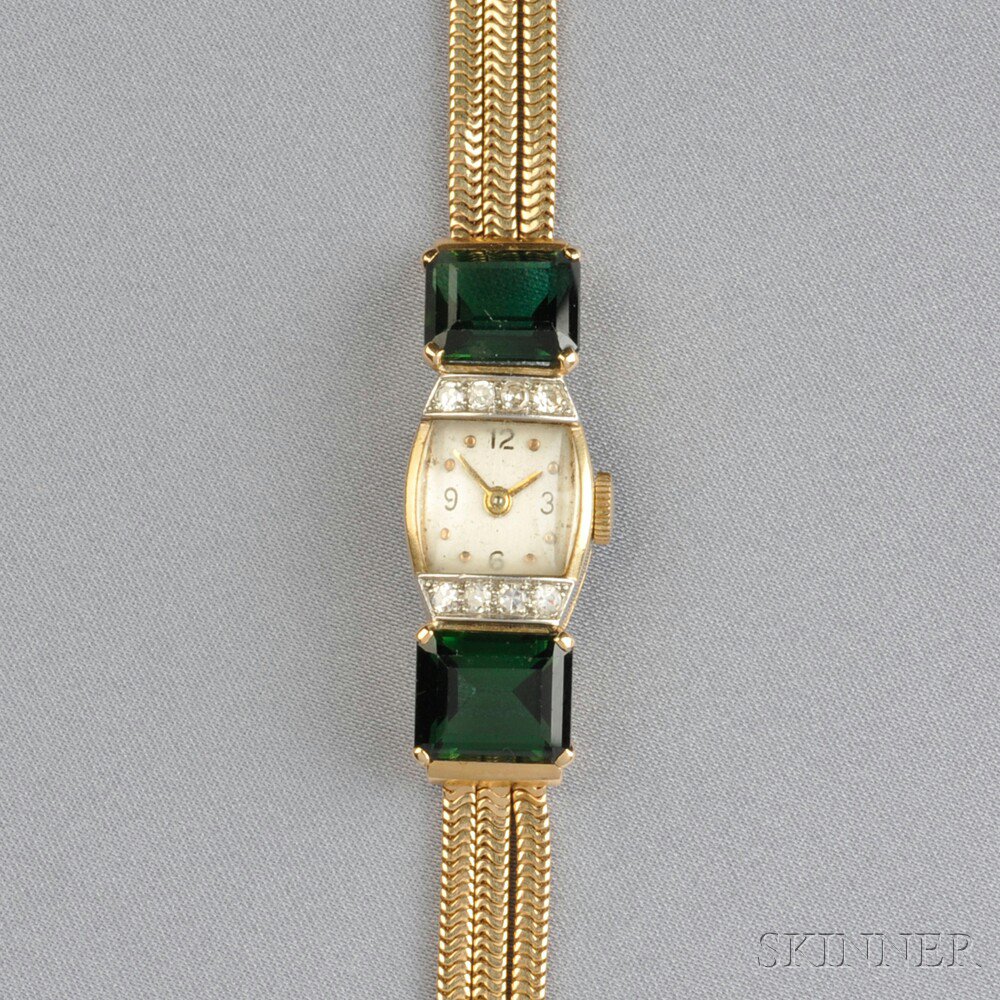 Appraisal: Retro kt Gold Green Tourmaline and Diamond Wristwatch the silver-tone