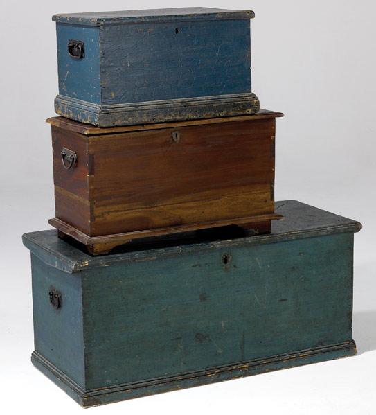 Appraisal: BLANKET CHESTS Grouping of three two in blue paint and