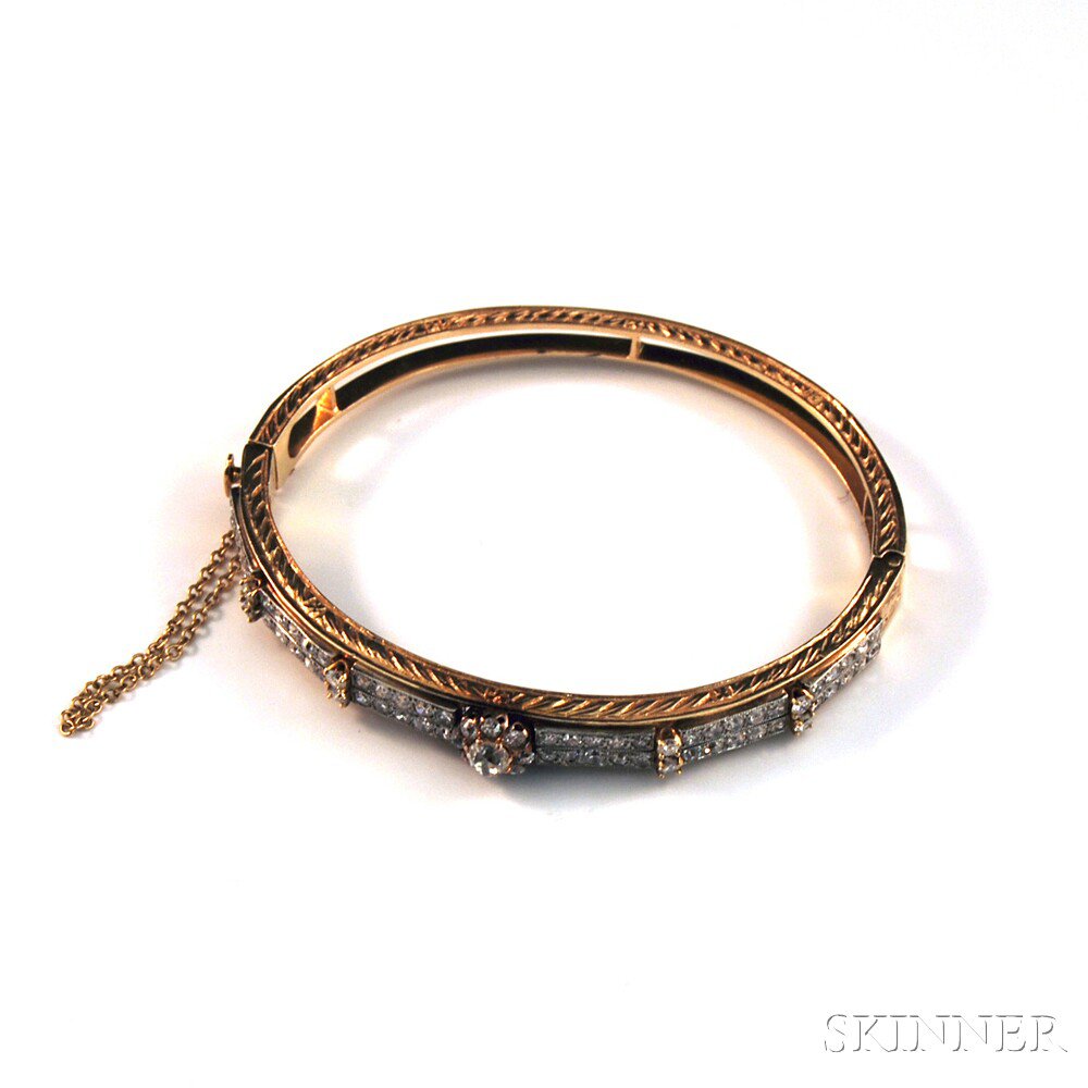 Appraisal: kt Gold and Diamond Bangle Bracelet the yellow gold hinged