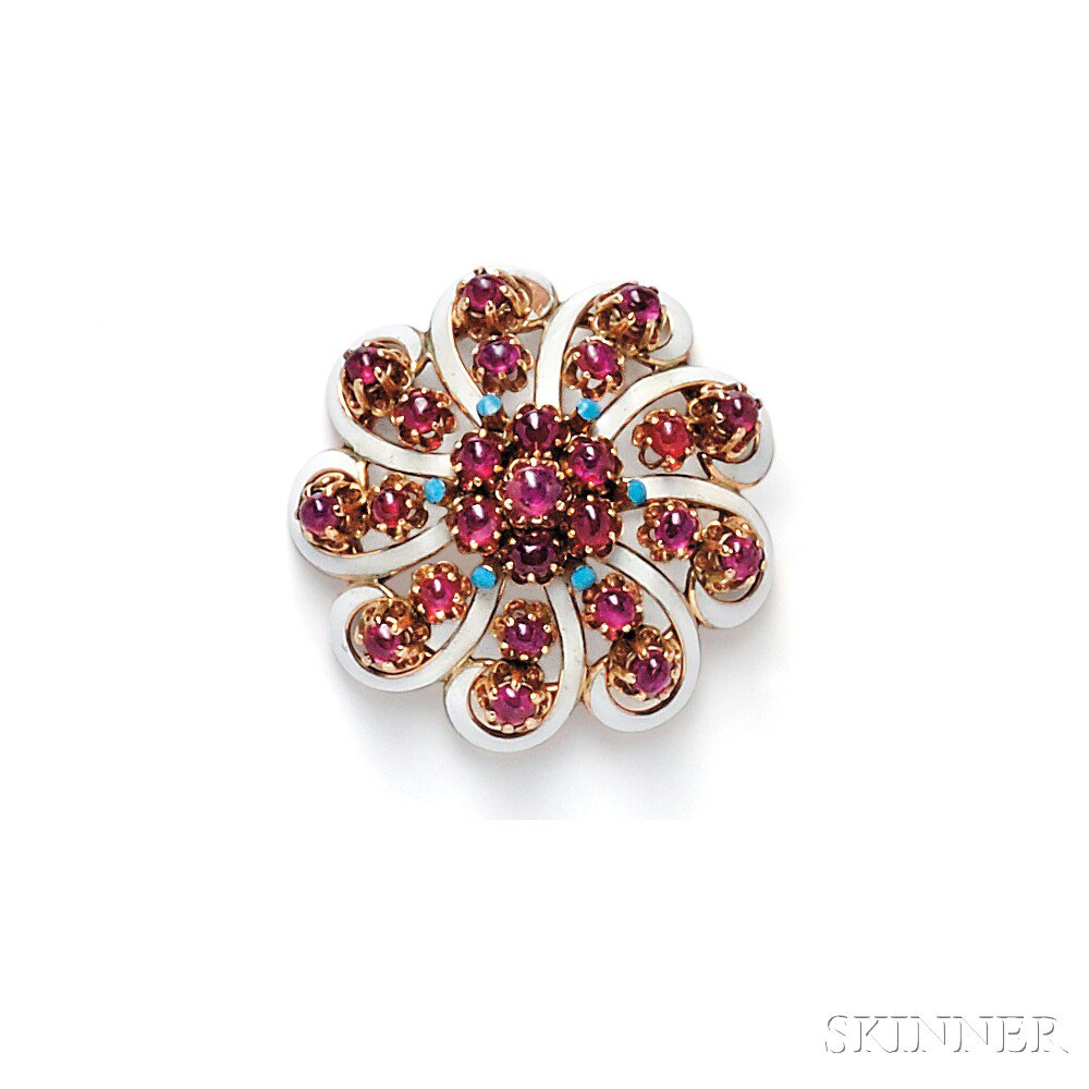 Appraisal: kt Gold Ruby and Enamel Pinwheel Brooch set with cabochon