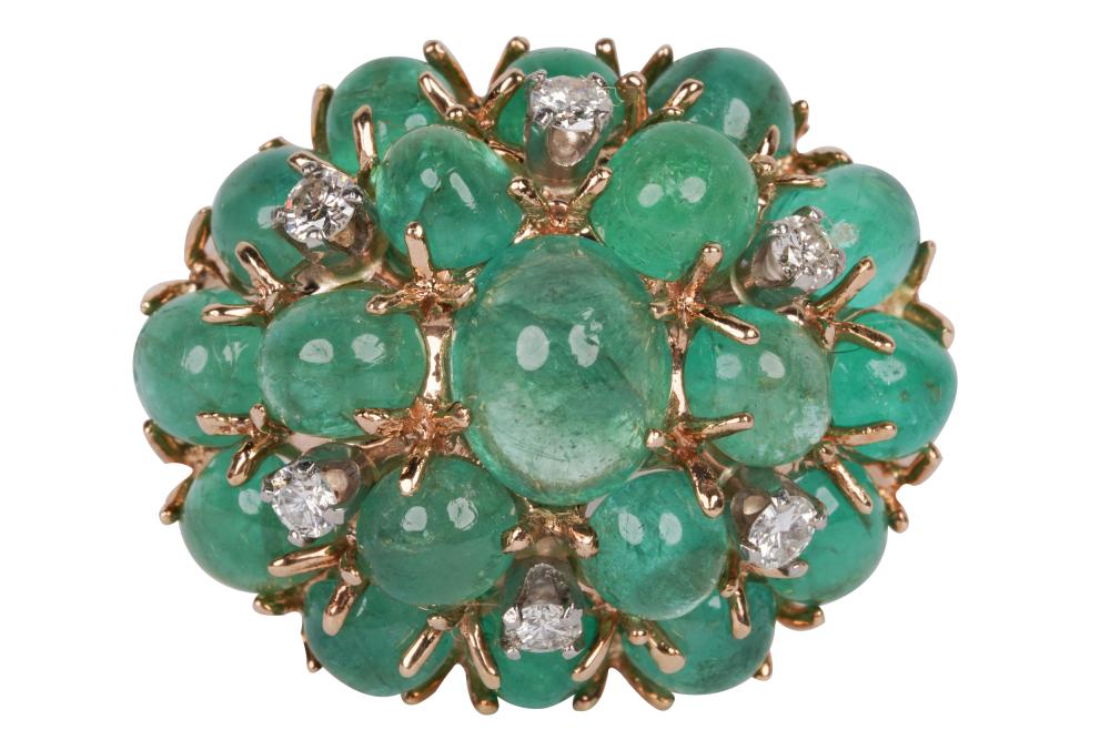 Appraisal: KARAT YELLOW GOLD EMERALD CLUSTER RINGcontaining round oval cabochon cut