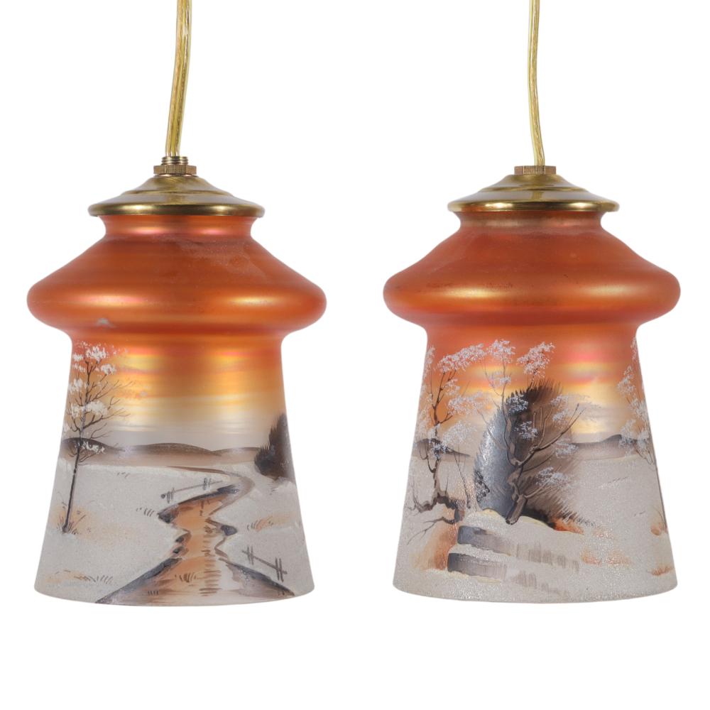 Appraisal: PAIR OF ART GLASS SHADES WITH FLASHED GOLD IRIDESCENT HAND-PAINTED