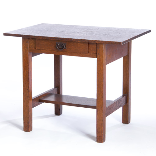 Appraisal: GUSTAV STICKLEY Single-drawer library table with broad overhanging top and