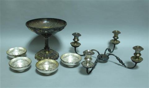 Appraisal: SHEFFIELD PLATE EPERGNE The suite comprising a central candlestick spreading