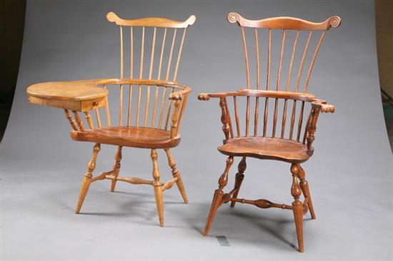 Appraisal: TWO ARMCHAIRS Reproduction curly maple writing chair h seat h