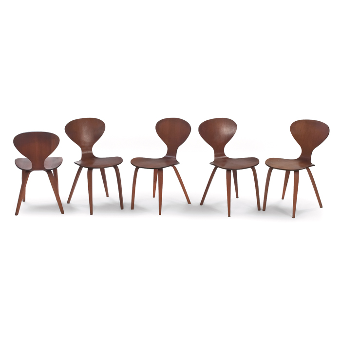 Appraisal: Norman Cherner side chairs five by Plycraft attribution s walnut