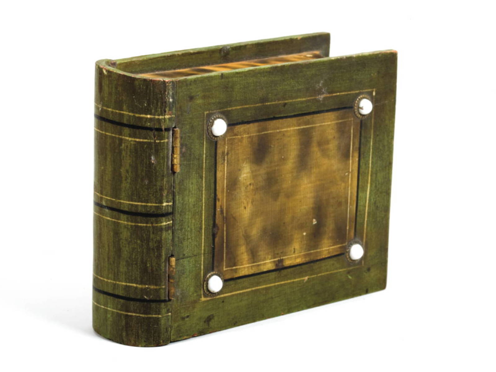 Appraisal: GREEN PAINTED AND SMOKE-DECORATED BOOK-FORM BOX Height inches