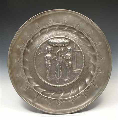 Appraisal: AN ANTIQUE PEWTER ALMS DISH decorated Adam and Eve probably