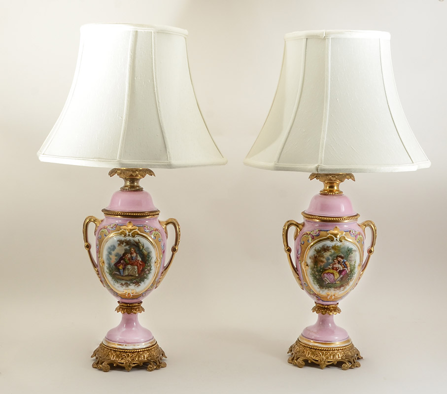 Appraisal: PAIR OF OLD PARIS TABLE LAMPS Porcelain covered urn form