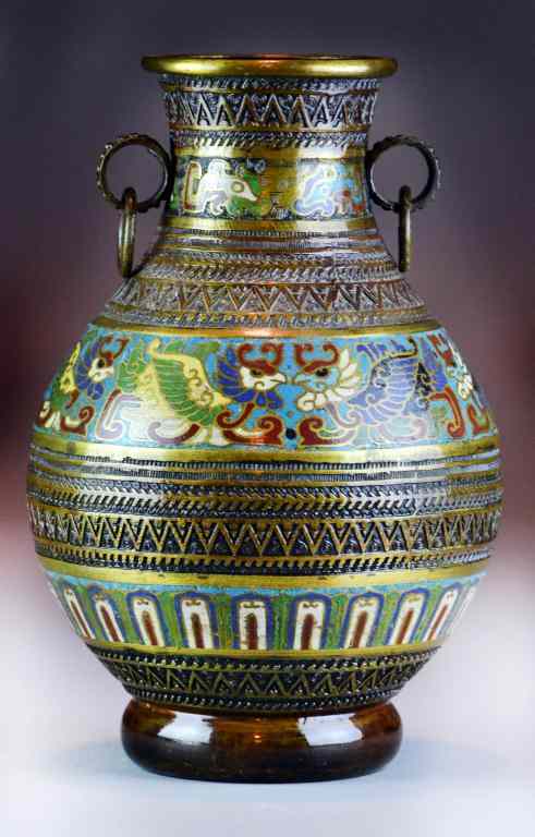 Appraisal: Chinese Qing Cloisonne And Bronze Hu VaseOf archaic form enamaled