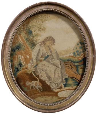 Appraisal: Silk mourning needlework seated woman in a mourning posture beside