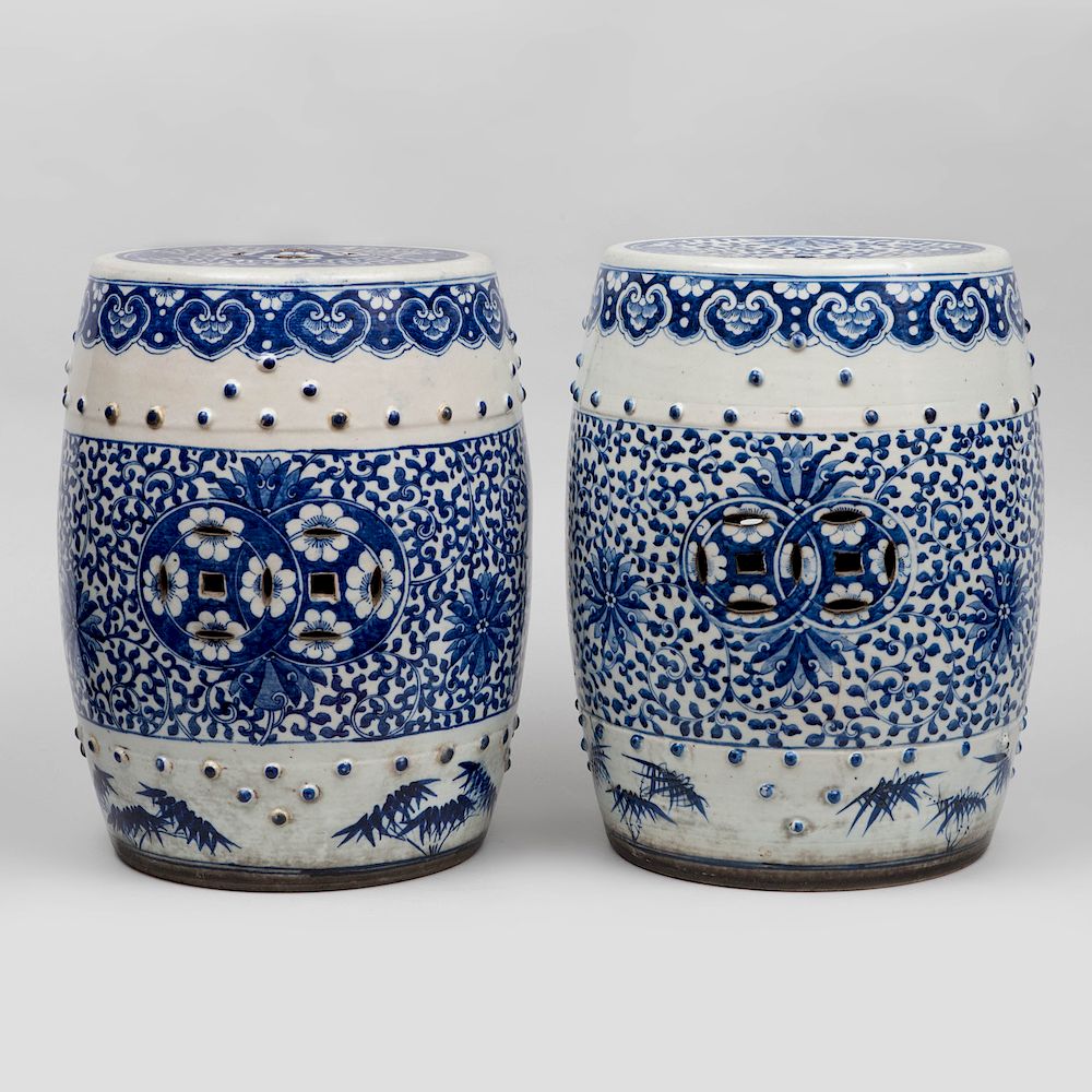 Appraisal: Pair of Chinese Blue and White Porcelain Garden Seats x