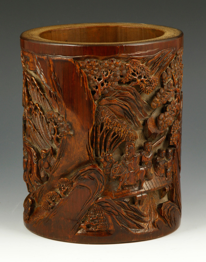 Appraisal: - Chinese Bamboo Brush Pot Bamboo brush pot China intricately