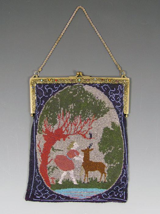 Appraisal: VINTAGE BEADED PURSE Girl deer and tree motif Embossed metal