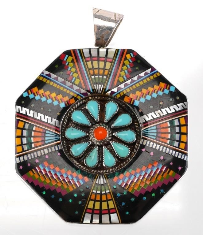 Appraisal: Sterling silver pendant with Native American style multi-colored design in