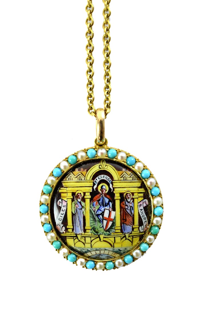 Appraisal: A gold enamelled and gem set circular pendant the front