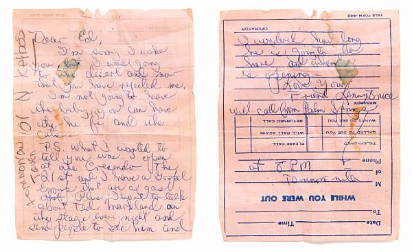 Appraisal: A Lenny Bruce handwritten note Penned in blue ballpoint ink