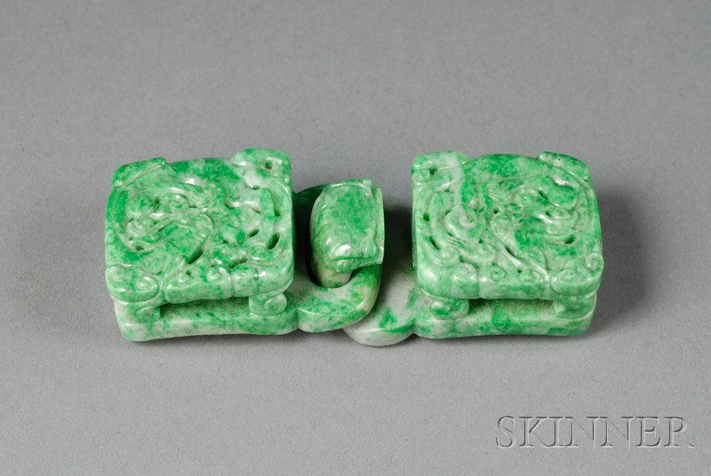 Appraisal: Jade Buckle th century emerald green color surface carved with