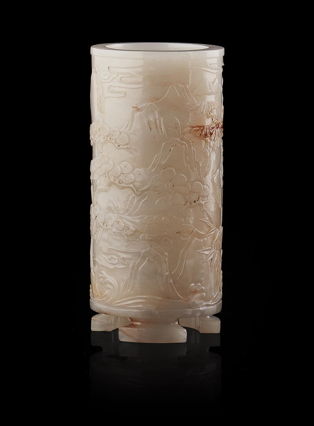 Appraisal: WHITE JADE BRUSH POT with russet highlights the cylindrical body