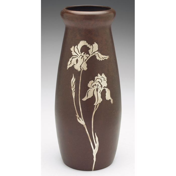 Appraisal: Heintz vase sterling on bronze applied iris design original patina