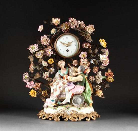 Appraisal: French porcelain gilt-metal-mounted figural mantel clock Bourdois Bloch Paris th